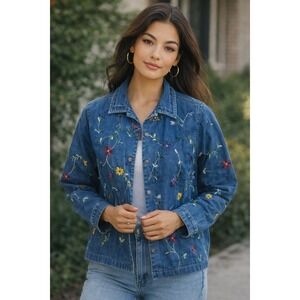 Studio Works Shirt Womens PM Blue Denim Floral Embroidered Grandma Cottage Retro